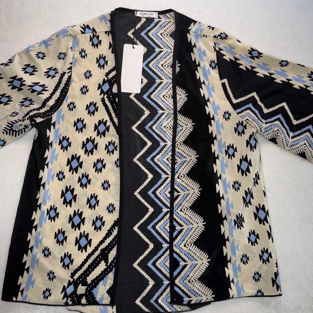 Double Take Women Tribal Geometric Open Front Kimono Cardigan Cream Black Blue M